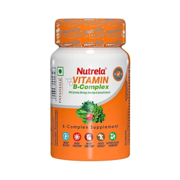 Nutrela B Complex with B1, B2, B3, B5, B6, B7, B9, & Vitamin B12 for Men & Women | Vitamins, Moringa and Spirulina for Energy, Gut, Immunity & Brain Health - 30 Veg Capsules